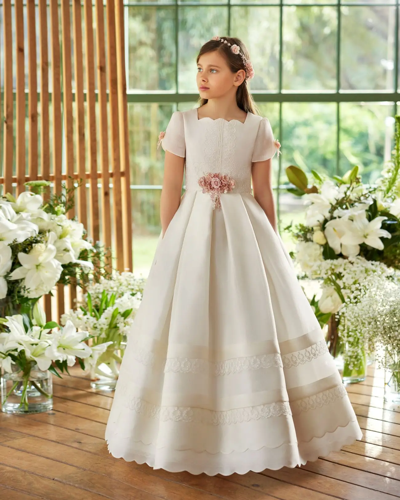 Vestidos de primera comunión, vestido elegante de flores para niña, bola de boda, apliques de tul para desfile, vestidos de banquete de princesa de cumpleaños para niños