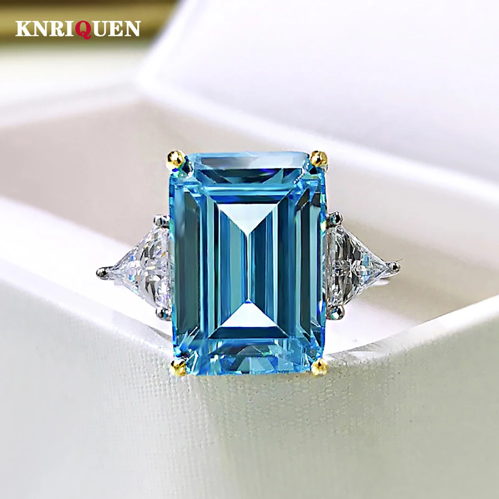 Luxury 100% 925 Real Silver 10*14mm Aquamarine High Carbon Diamond Rings for Women Gemstone Wedding Band Party Fine Jewelry Gift