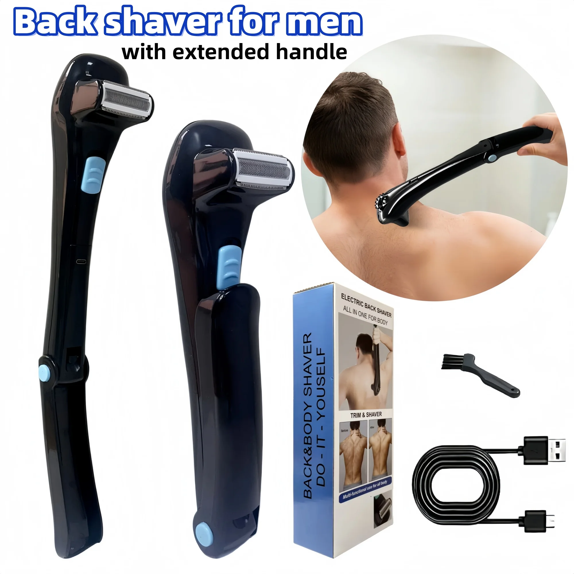 Rechargeable Electric Back Shaver for Men Body Hair Trimmer Portable Grooming Razor Operated Ergonomic Design for DIY Hair Remo