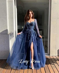 Lucy Line A Evening Dress Glitter Decoration Grace Graduation Gown Feather Luxurious Navy Blue Party Dresses for Women Formal