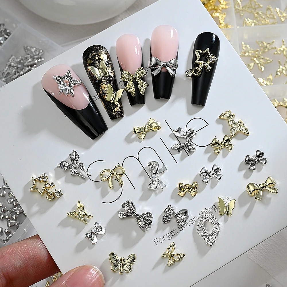 120 teile/schachtel 3D Gold Bogen Schmetterling Nagel Metall Charms Glänzende Nette Bowtie/Diamant Stern Nagel Schmuck 120 Luxus Nail art Liefert # RE4 – Detail 9