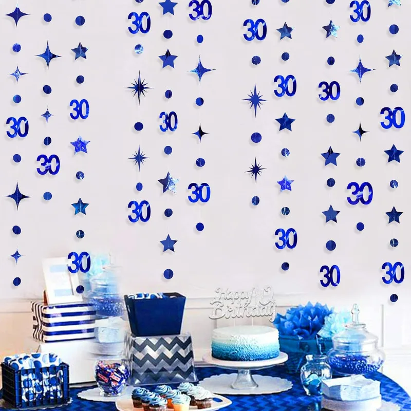 Blue 30th Birthday Decorations Number 30 Circle Dot Twinkle Star Garland Backdrop for 30 Year Old Birthday Party Supplies