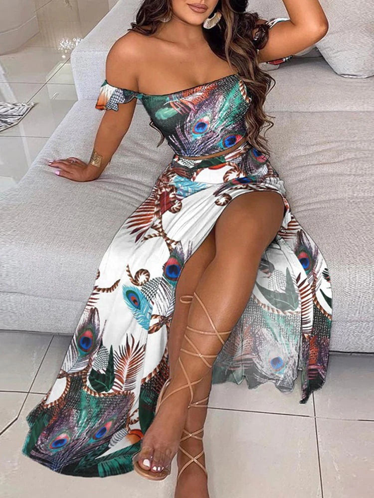 2-Piece Boho Chic Ensemble Off-Shoulder Smocked Tube Top&Floral High-Waist Split Maxi Skirt Summer Women Casual Wear Dress Sets