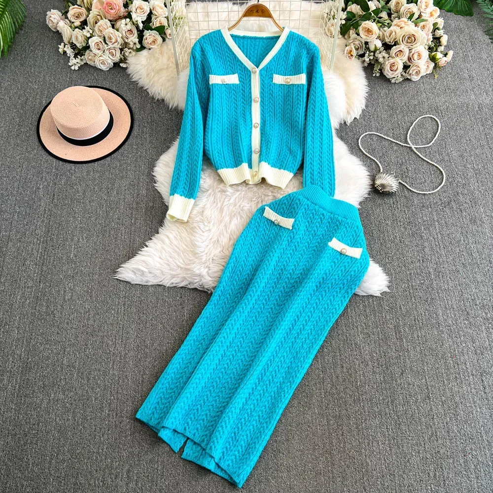 Chic Women Two-Piece Sets Vintage V-neck Single Breasted Patchwork Top High Waist Split Skirt Korean High Street Knit Clothing