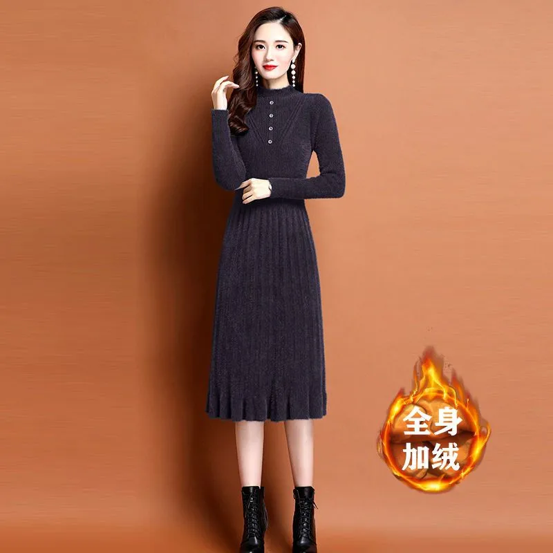 Lmitation Mink Velvet Plus Sweater Women's Long Dress 2025 Autumn Winter Female Knee Knitwear Bottoming Undershirts  Vestidos