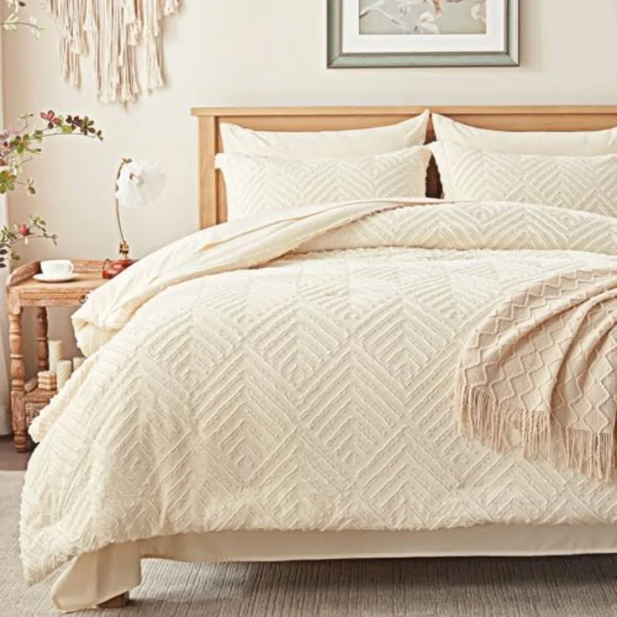 

Comforter Set 7 Pieces Cream Tufted Bed in a Bag with Comforter and Sheets All Season Boho Bedding Sets with 1 Comforter 2 Pill