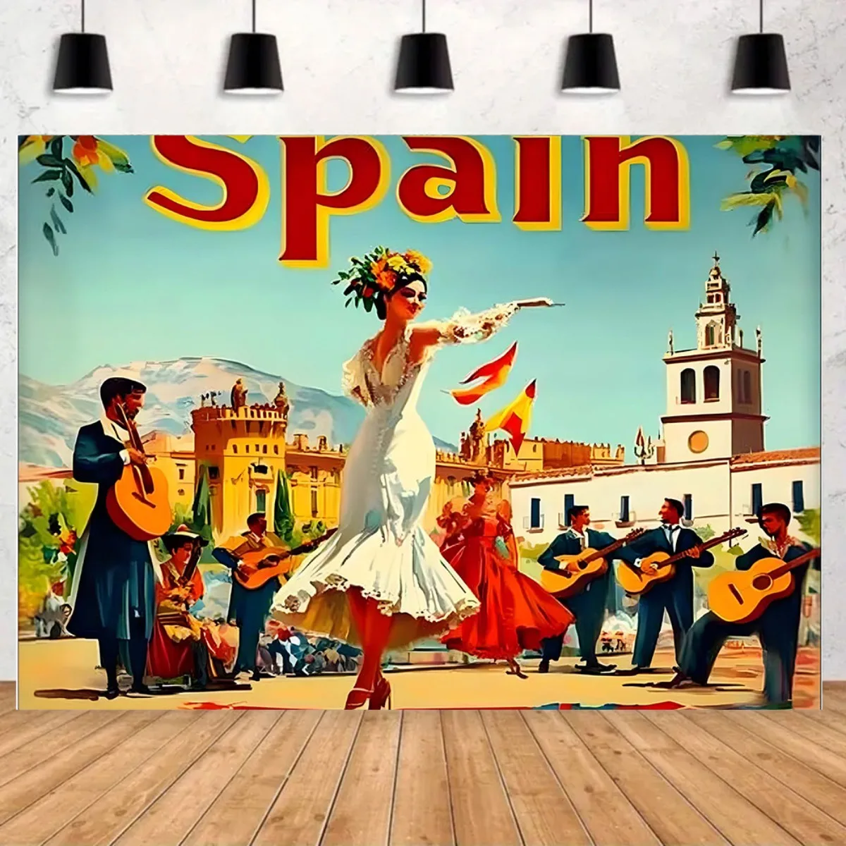 1 pancarta de fiesta de carnaval española vívida: con bailarines, guitaristas y arquitectura española