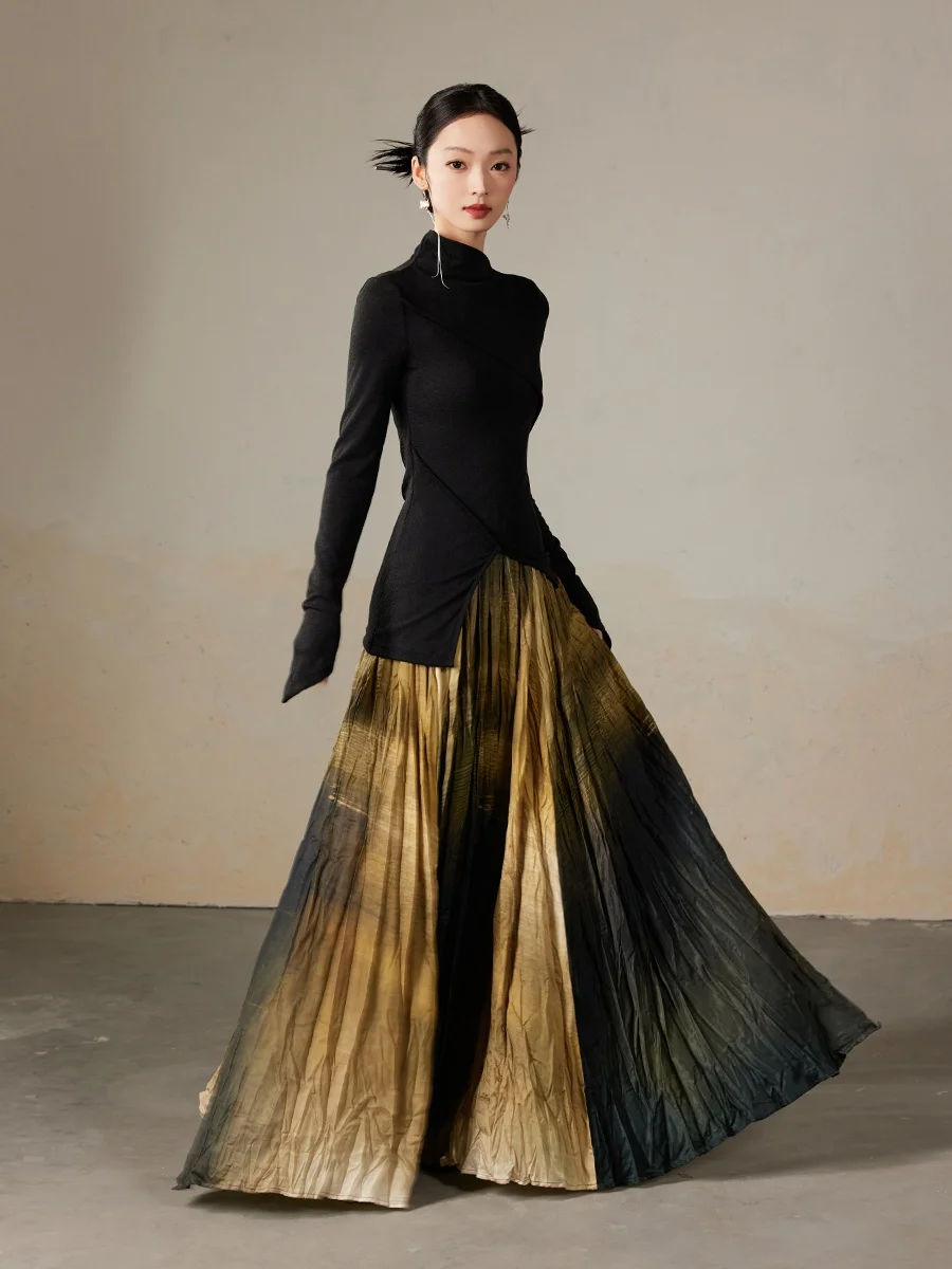 

ONMOON Spring 2025 Maxi Skirt adient Print Pleated A-Line Skirt Women's Casual mid Waist Design Polyester Fabric