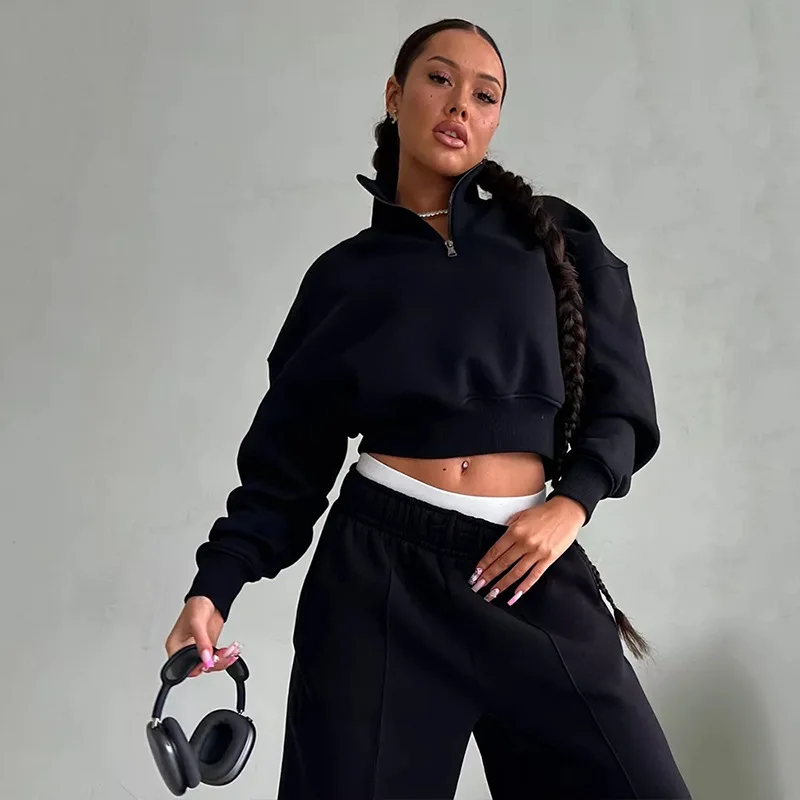 2024 New American Women's Casual Fashion Set Long Sleeved Zipper Collar Sweater Sports Pants Two Piece Set