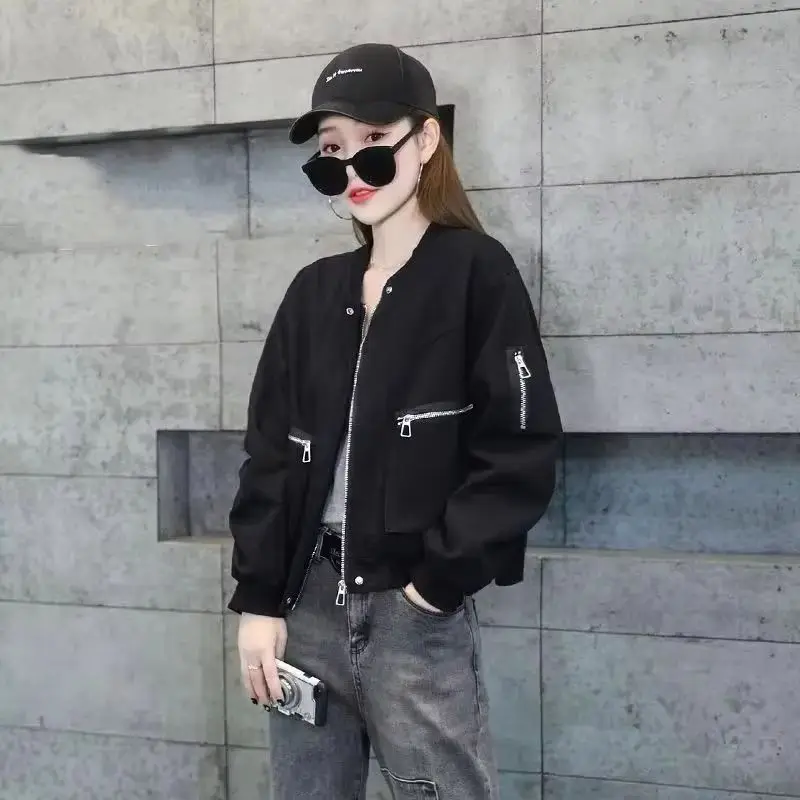 

Women Short Jacket American Retro Spring Autumn New Long Sleeve Loose Zipper Baseball Uniform Coat Female Casual Joker Lady Tops