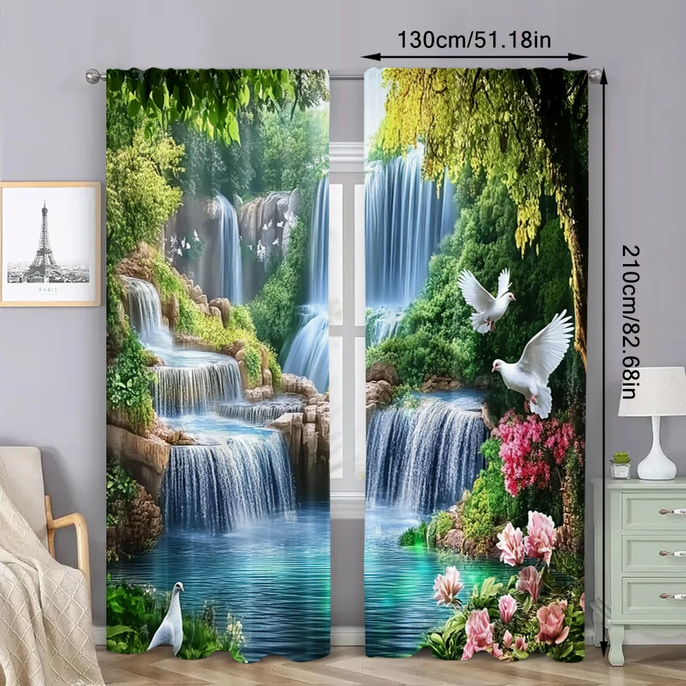 2Pcs Beautiful Forest Waterfall Landscape Curtain Vivid Nature Curtain Suitable For Bedroom Bathroom Living Room Dining Room