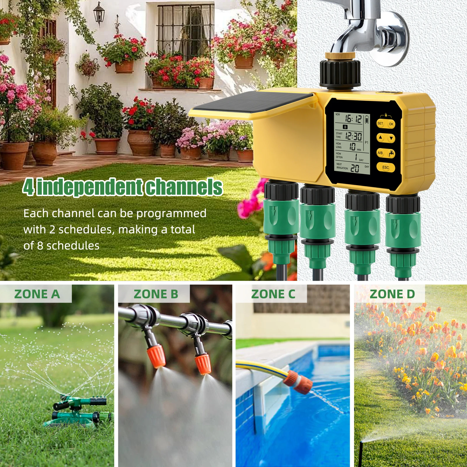 YAGO 4 Zone Solar Powered Water Timer Irrigation Controller with Rain Sensor Automatic Watering System for Garden Lawn Yard