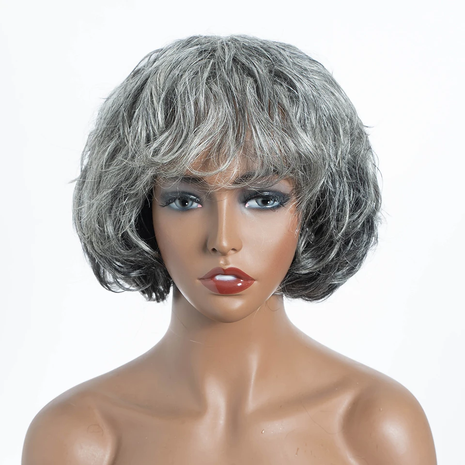 

Sleek Gray White 51# Brazilian Wet And Wavy Short Grey Wavy Bob Wigs Nature Remy Human Hair Machine Made Silver Wigs For Black
