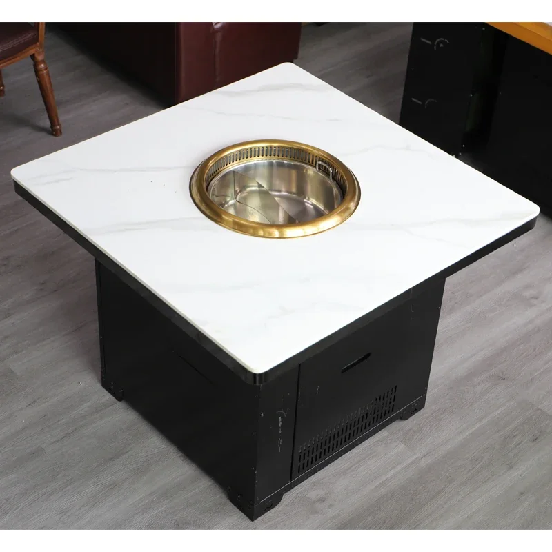 Support customized marble rock plate stainless steel barbecue hot pot table, smokeless induction cooker integrated table