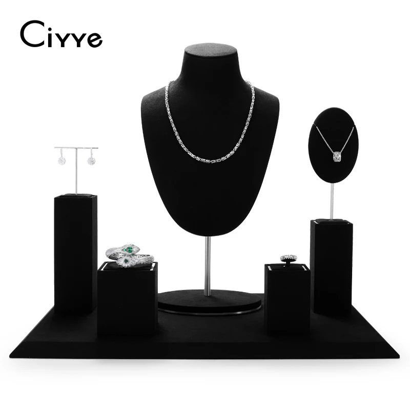 Ciyye Black Microfiber Jewelry Display Set with Metal Jewelry Exhibit Shop Cabinet for Necklace Display Bust Earrings Bangle