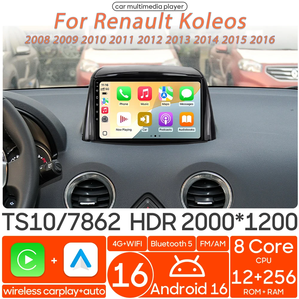Radio Multimedia para Auto con Android 16 para Renault Koleos 2008-2016, Reproductor de Video, GPS, Estéreo, CarPlay, 4G, Wifi, Unidad Principal, Navegación GPS