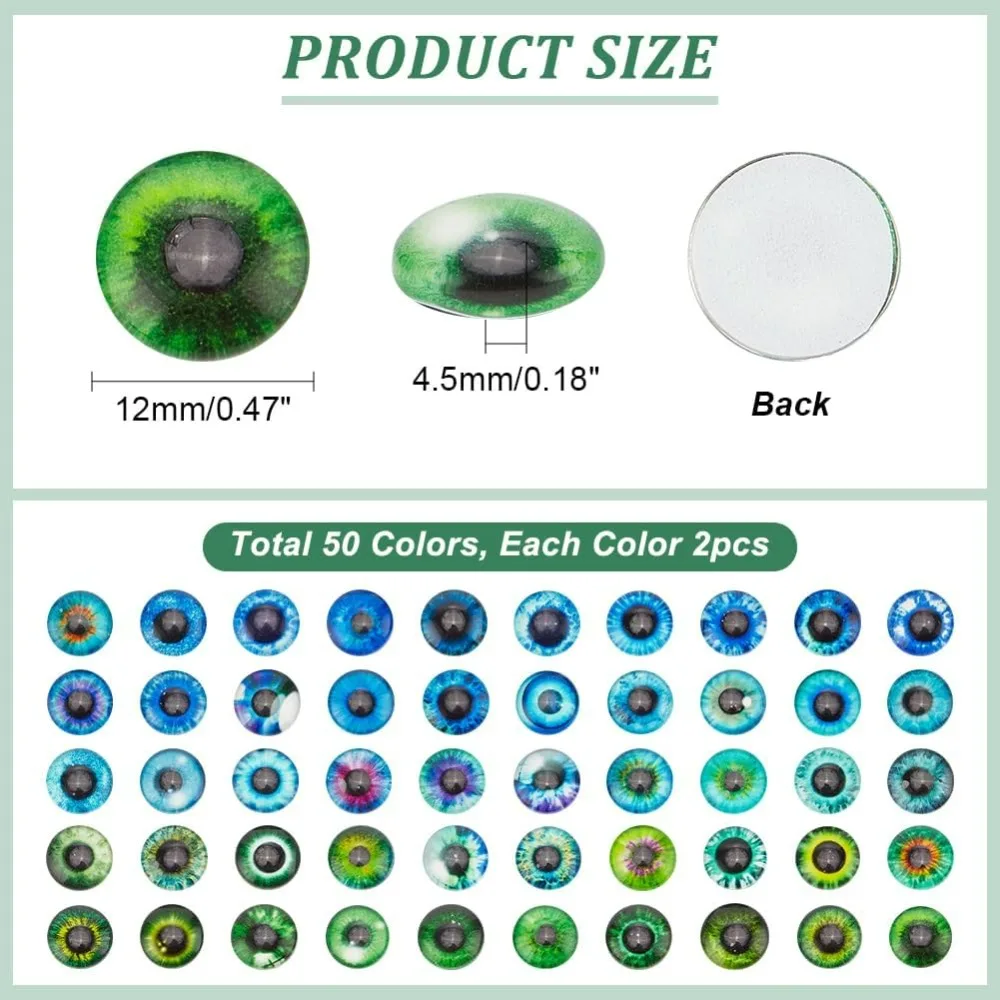 100PCS Animal Eye Glass Cabochons, 12mm Luminous Animal Eyes Tiles Flatback Glow in The Dark Eyes Round Dome Glass Cabochons