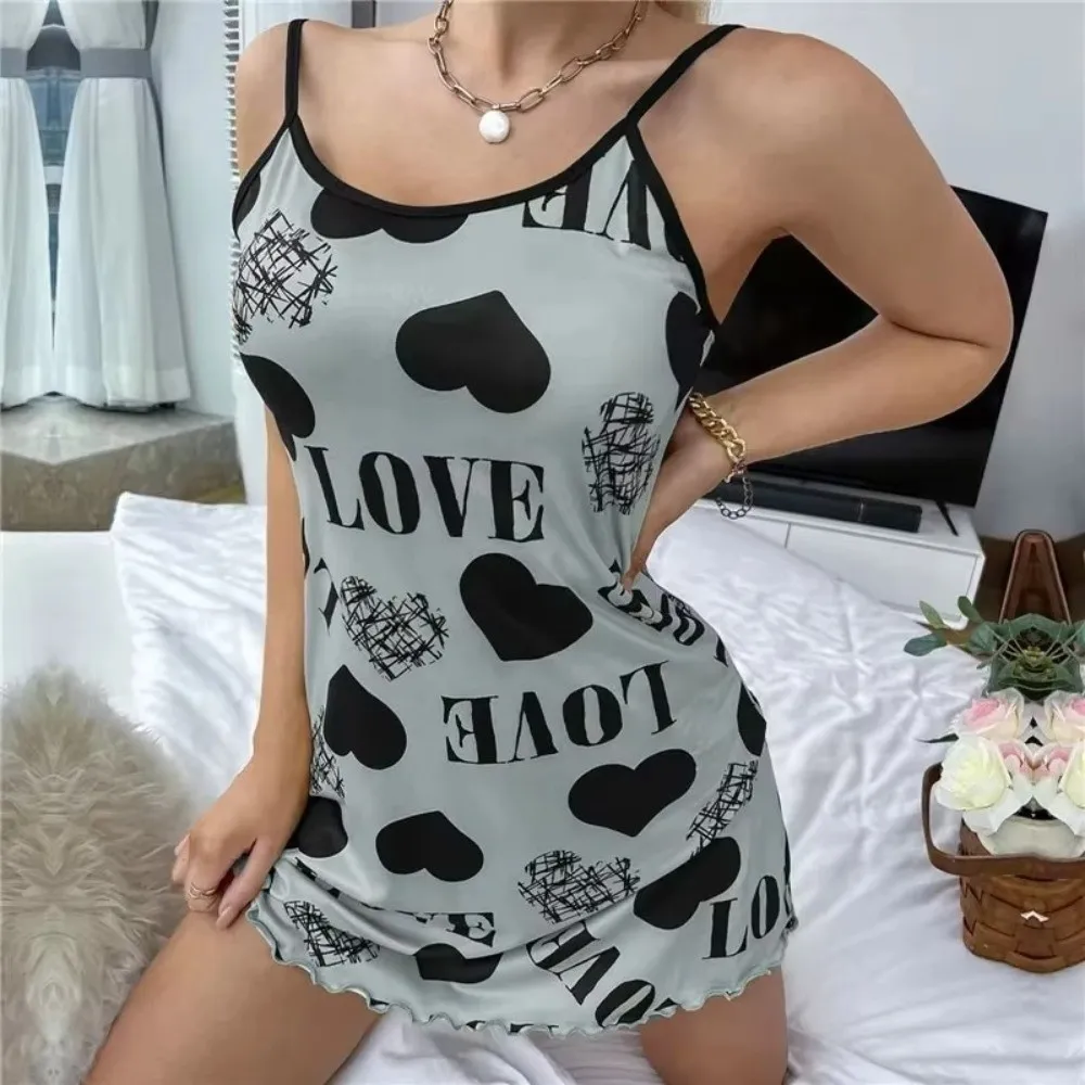 Breathable Women's Nightgown Thin Section Spaghetti Strap Sleepwear Dress Heart Letter Print Sexy Nightdress Summer Season