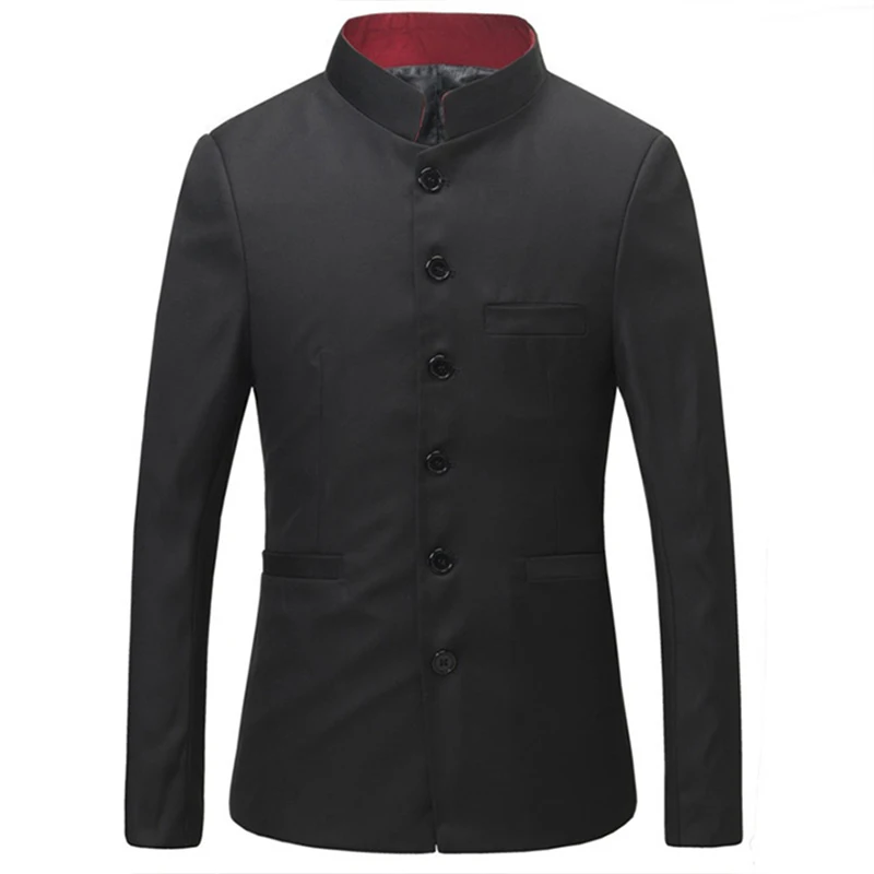 

Stand Collar With Red Lining Men Chinese Tunic Suit Jacket Single Breasted Traditional Mao Coat Black