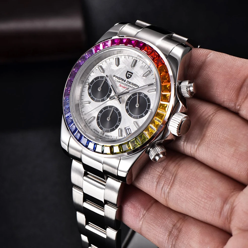 Top PAGANI DESIGN New Rainbow Bezel Multifunctional Men Quartz Watches Top Brand Sapphire Glass Chronometer VK63 Watch for Men