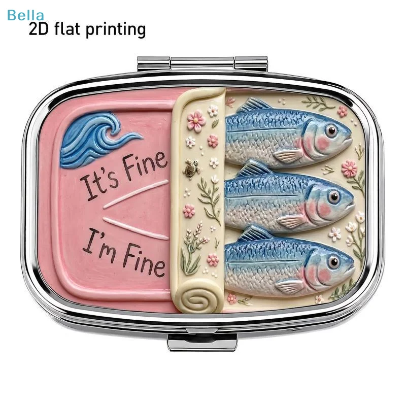 〔M〕Funny Sardine Print Pill Box with Mirror, Portable 2 Grid Travel Medicine Case, Cute Small Tablet Storage Container