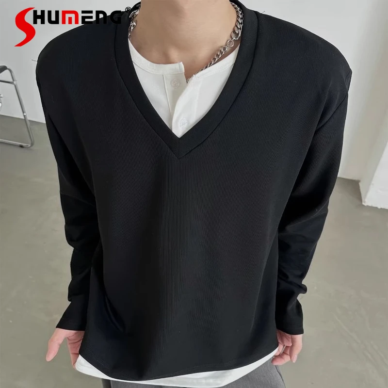 

Мужские модные футболки-пуловеры с эффектом двухслойности и контрастными вставками, весна 2026, элегантные, высококачественные, с длинным рукавом