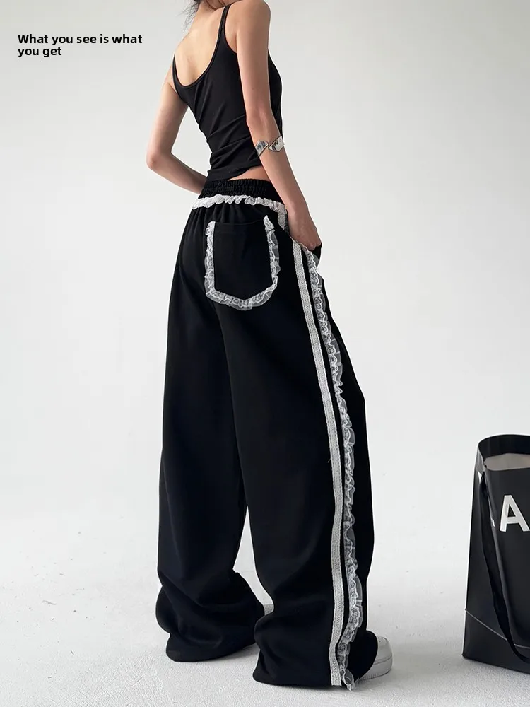 Retro Lace Splice Straight Leg Casual Sports Pants Women's High Waist Cotton Polyester Blend Comfortable Slimming Trousers