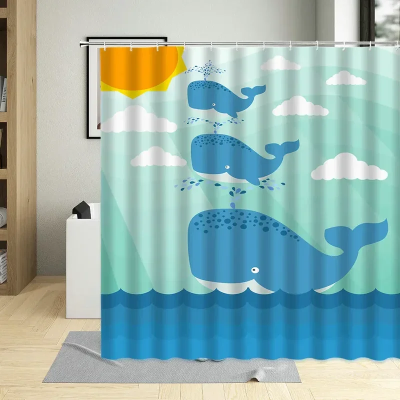 Sea Animals Shower Curtain Set Smiling Whale Cartoon Children Illustration Bathroom Curtains For Living Room Decor With Hooks