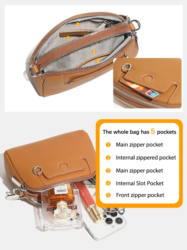 Zency New Brown Small Genuine Leather Women Purse Lady Shoulder Crossbody Bag Phone Bag For Daily Use