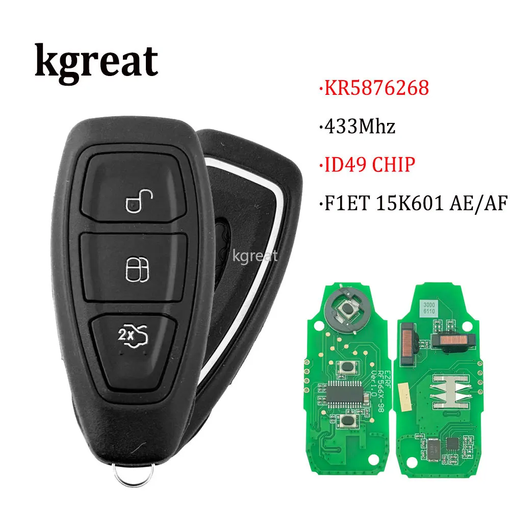 

KGREAT KR5876268 Умный дистанционный ключ от автомобиля для Ford Kuga Fiesta Focus Grand C-Max 2011+ 433 МГц ID49 Keyless Go F1ET 15K601 AE/AF
