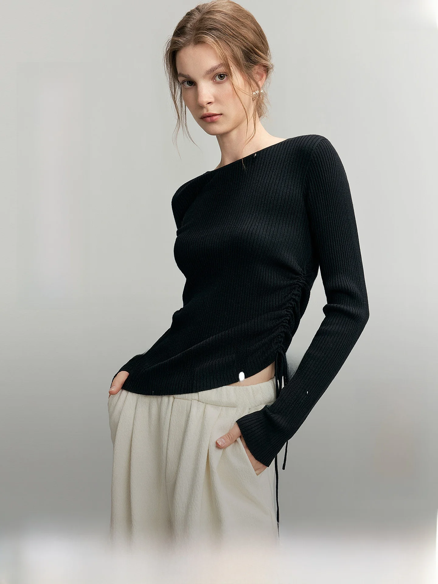 Black Cashmere Knitted Sweater Women's Drawstring Faux Fur Inner Wear Base Shirt Top ELLE Autumn 2026 New Arrival Premium Fee...