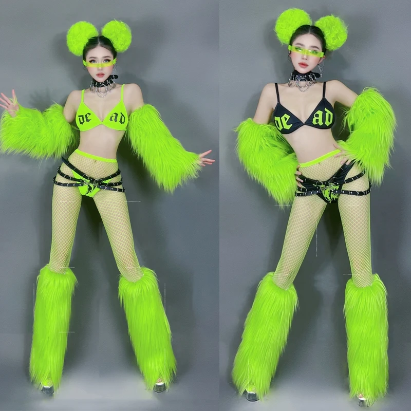 

Sexy Pole Dance Outfit Women Nightclub Dj DS Rave Clothing Fluorescent Green Bikini Fur Sets Stage Gogo Dance Costume XS9047