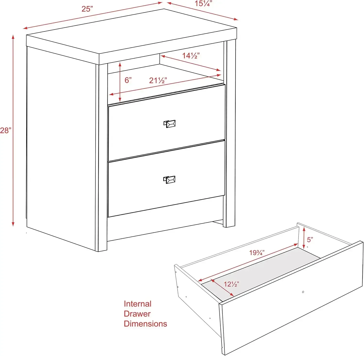 Calla meja samping tempat tidur tinggi kontemporer dengan 2 Laci, fungsional meja samping tempat tidur 2 laci 15.25 "D x 25" W x 28 "H, putih,