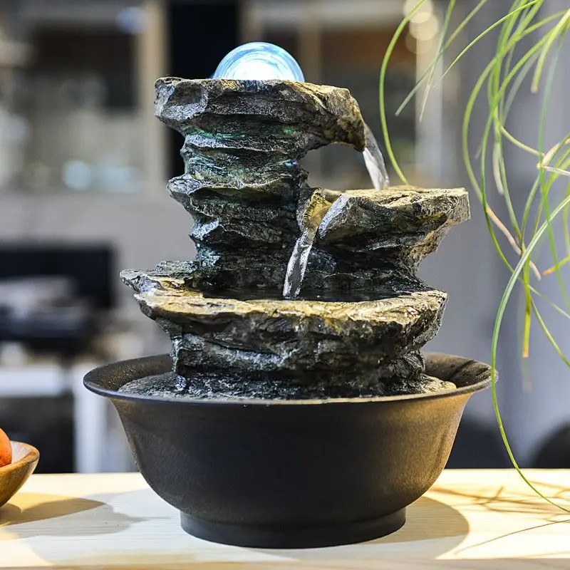 

Tabletop Fountain With LED Lights Resin-Rock Falls Indoor Waterfall Feature Calming Relaxing Water Sound Small Desktop Fountains