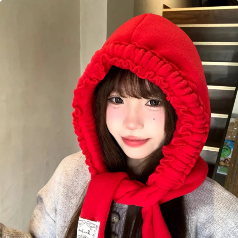 

Korean Version of Niche Solid Color Lace Sweet Balaclava Hat Winter Outdoor Warm Ear Protection Lace-up Bomber Hats for Women's