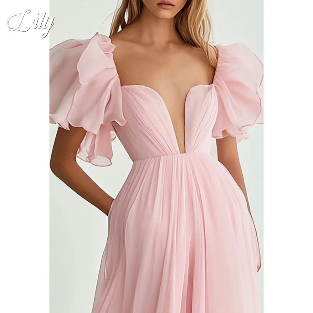 Lily rosa manga inchada vestido de noite manga regular vestido de baile plissados cetim a linha vestido de festa tule robes de soirée personalizado