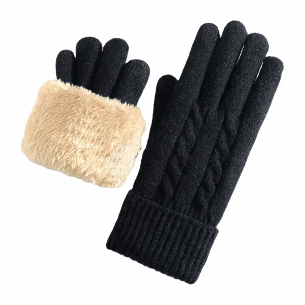 New Lamb Velvet Winter Gloves Double Layer Cable Knit Thermal Gloves Fleece Lined Touchscreen Gloves Winter Commuting