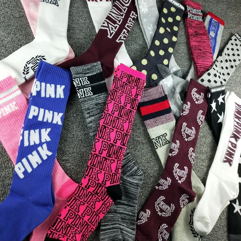 American style pink knee-length calf stockings women's socks high tube college sports street shot four-season socks pair