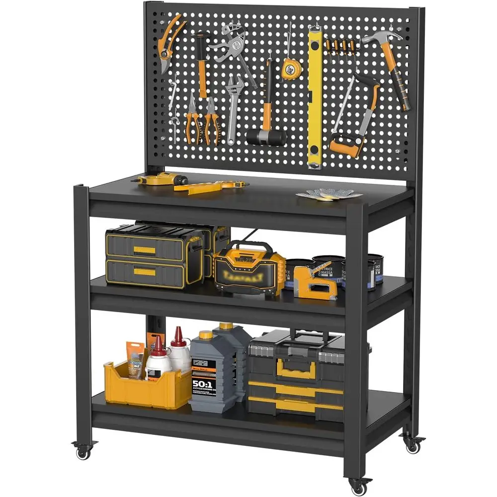 Heavy Duty Workbench with Wheels, Adjustable Shelves, Tool Cart, Work Table, Garage Warehouse, 47.2 H x 33.46 W x 18 D