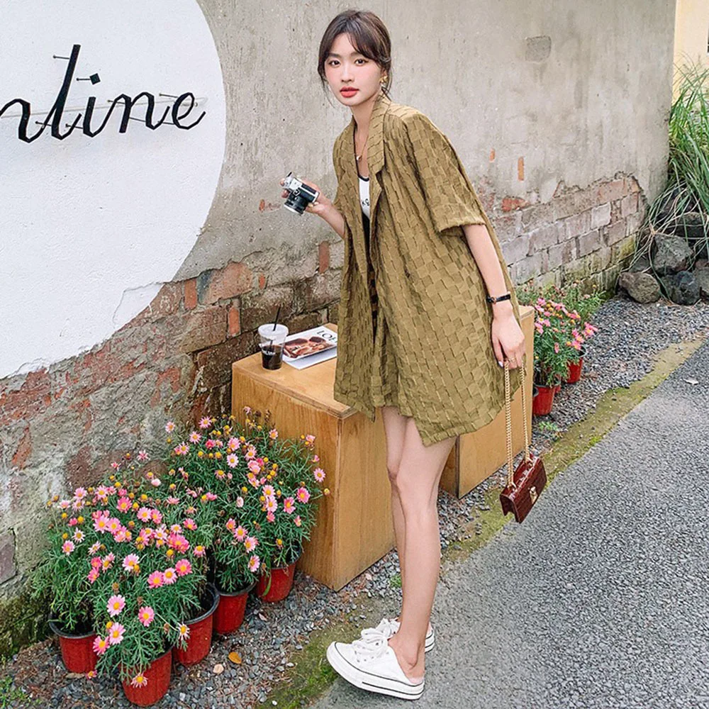 

Summer Female Clothes Shorts Set Plaid Short Sleeve Shirts + Loose Shorts Suit Girl Blouse Tops Short Pants 2pc Outfit Tracksuit