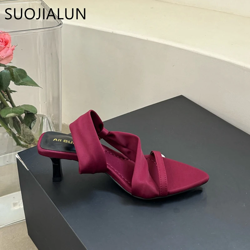 SUOJIALUN Summer New Brand Women Slipper Fashion Narrow Band Ladies Elegant Dress Slides Thin High Heel Outdoor Dress Pumps