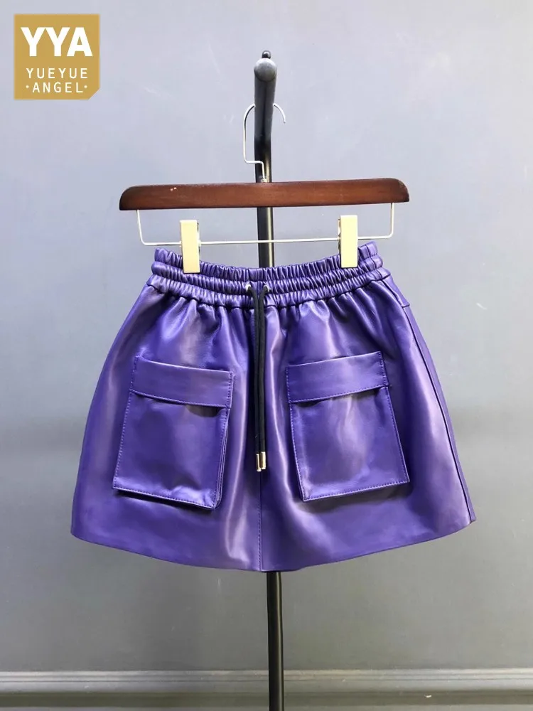 

New Autumn Natural Sheepskin Elastic Waist Shorts Skirts A-Line Pocket Wide Leg Casual Above Knee Mini Genuine Leather Skirt 4XL