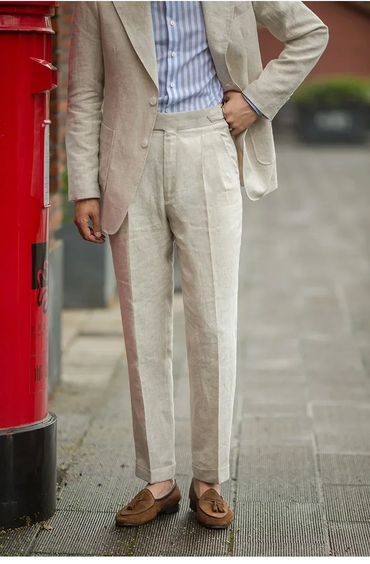 

British Men's Linen Pants Design Retro Paris Buckle American Style Naples Summer Loose Thin Casual Pants