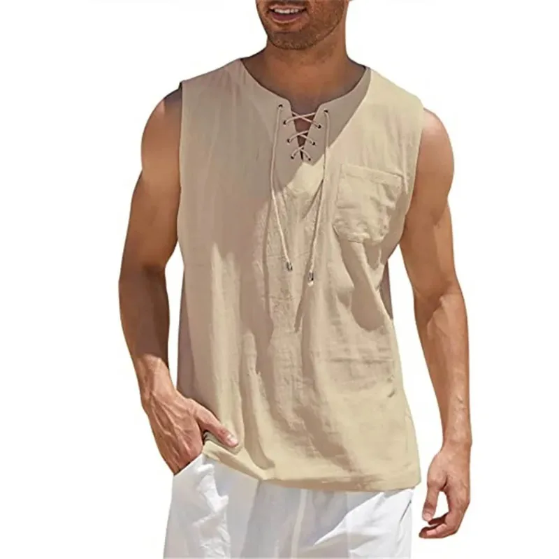 

Men's Casual Shirts Leeveless Vest Bandage Lace Up Blouse Retro V Neck Fashion Loose Shirt Male Solid Color Clothes
