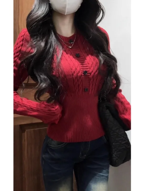 

Красный корейский свитер крупной вязки для женщин, модный, с поясом, укороченный, осенне-зимний, новый стиль, топ для дерзких девушек