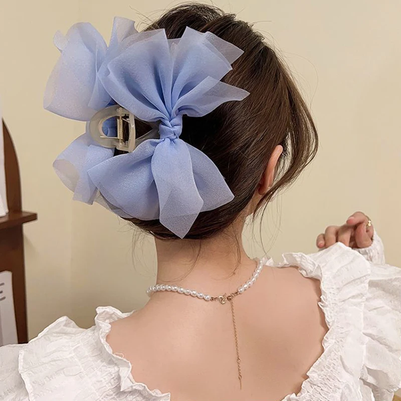 Pinza para el pelo con lazo de gasa grande y elegante para mujer, pinza para el pelo con lazo de malla dulce, pasadores de tiburón para cola de caballo, accesorios para el cabello de moda