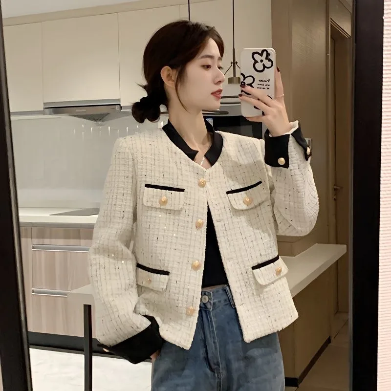 

French Checkered Woolen Jacket Women Korean Stand Collar Contrast Color Single Breasted Gentle Temperament Autumn Slim Lady Coat