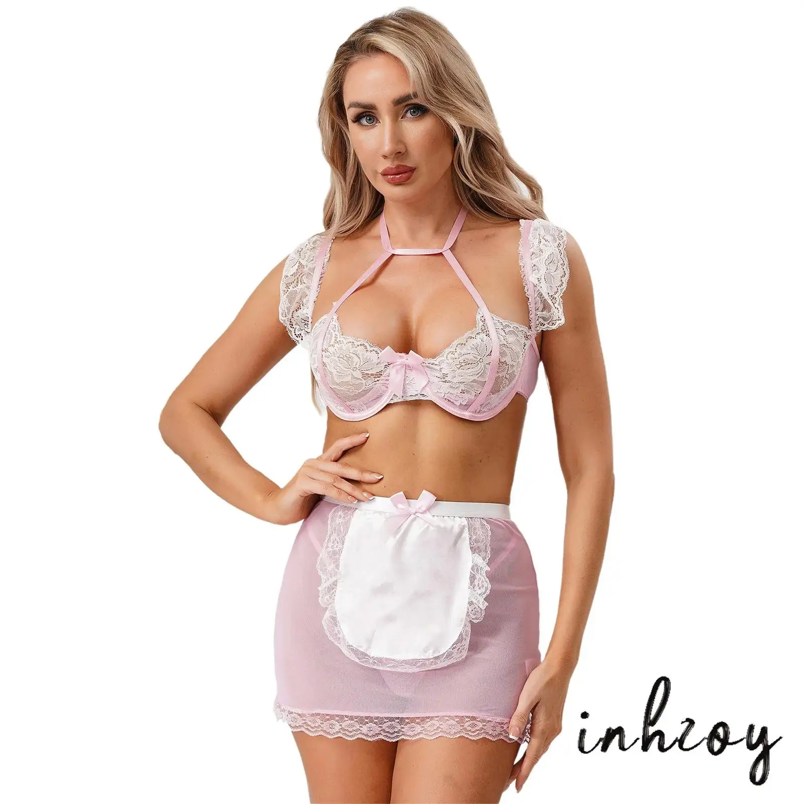 

Women Halter Floral Lace Flutter Sleeve Bra Top with Elastic Waistband See-through Apron Skirt And G-string for Lingerie Night