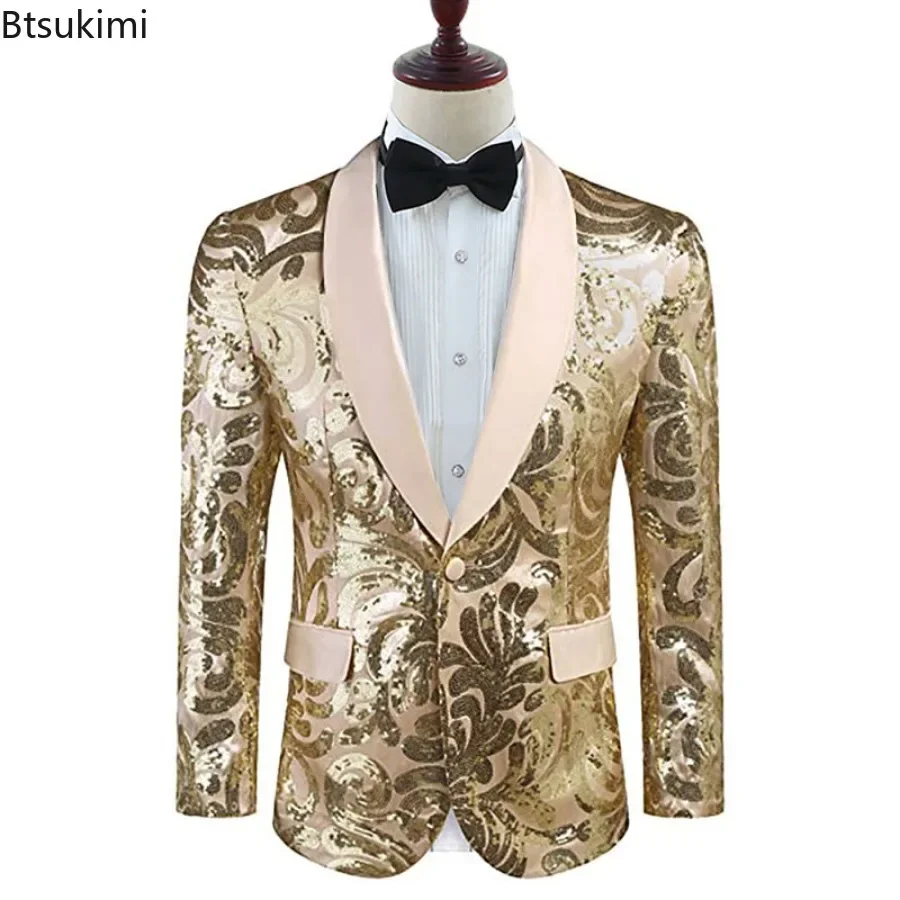 2024 Men\'s Shiny Gold Sequins Blazer Stylsih Shawl Collar One Button Tuxedo Floral Suit Jacket Party Wedding Groom Costume Homme