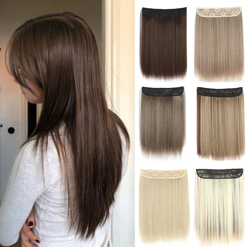 

Synthetic No Clip Hair for Women Long Ombre Brown Straight Fish Line Fake Hair Extensions 22 Inch Natural Straight Hairpieces